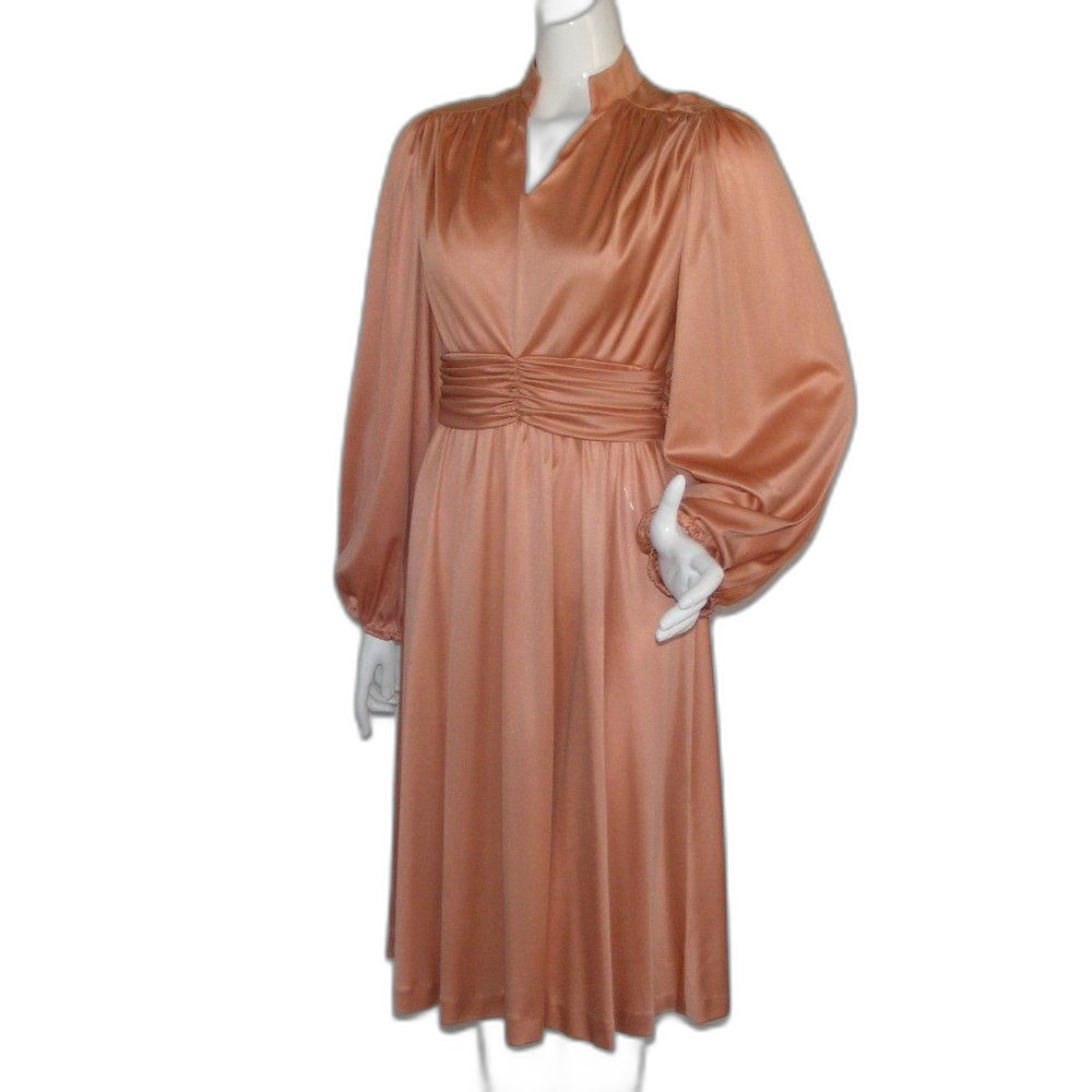 70s Dress, XS/S, Coppery color, Long sleeves, Gathered Waist, Disco baby! - Picture 3 of 8